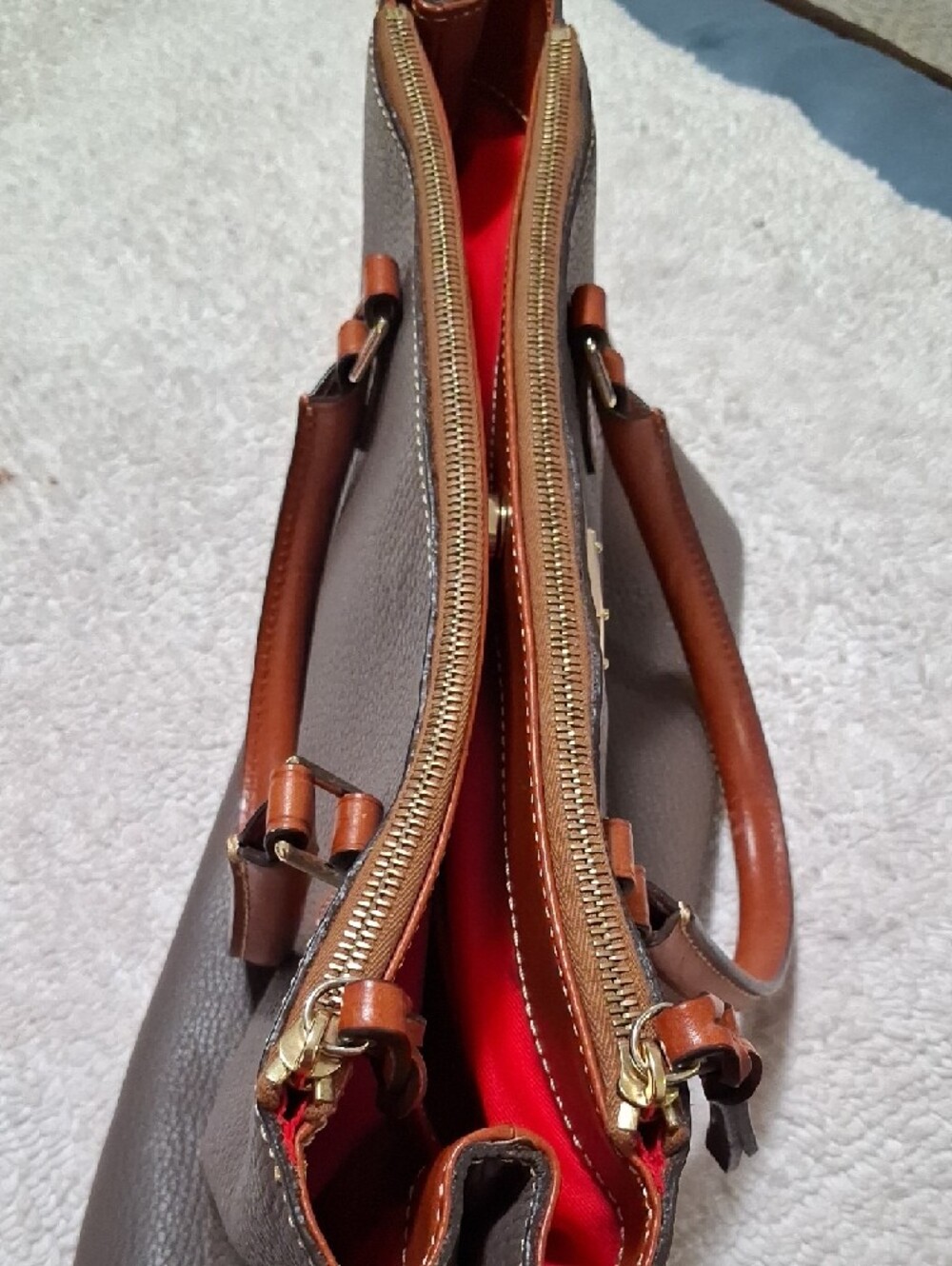 Dooney & Bourke Brown Pebble Leather Tote with Tan Trim - Picture 5 of 15